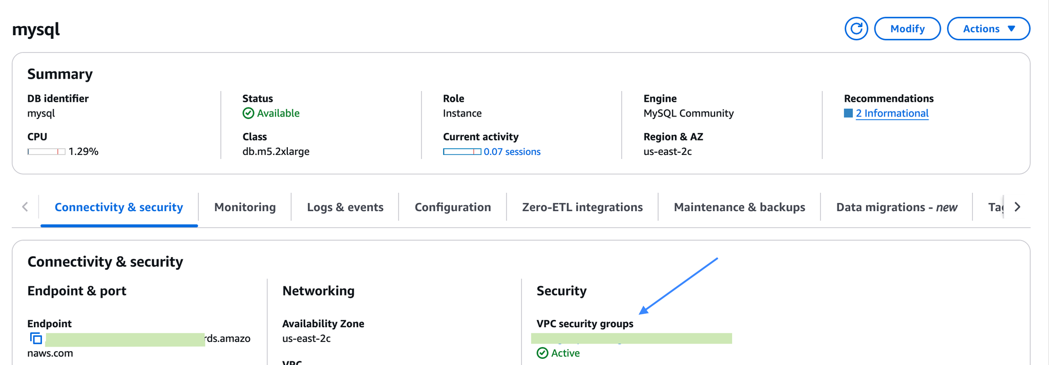 Where to find security group in Aurora MySQL? - Zoomed